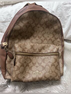 Coach Tan Signature Monogram Backpack with Gold Hardware